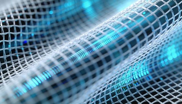 Cyan-glowing mesh grid draping over neon-lit tubular surface abstract tech macro