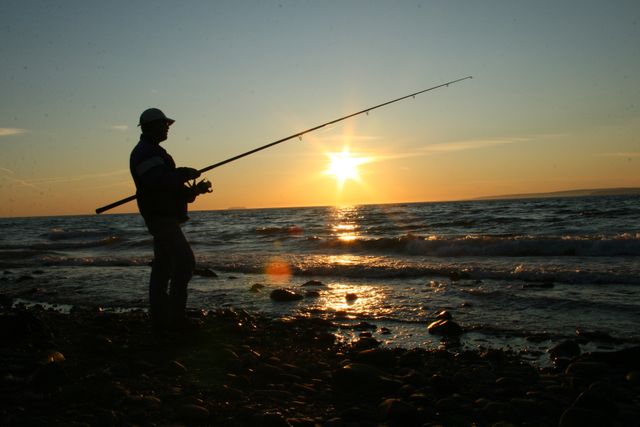 In this image, a person is silhouetted against the setting sun while fishing on a rocky beach. The calm waves lap against the shore as the golden sunlight reflects off the water, creating a serene and peaceful scene. This image is perfect for use in articles about outdoor hobbies, pursuing tranquility, or enjoying nature. It can also be used in content focusing on coastal recreation or depicting the beauty of evening seashores.