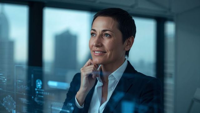 Executive woman analyzing futuristic hud data panels in glass office with cityscape