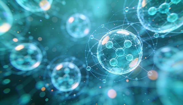 Holographic molecular network featuring translucent nanoscale spheres with connected nodes