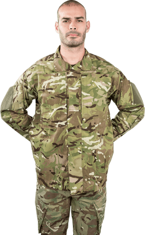 Transparent portrait of soldier in camouflage uniform standing calmly
