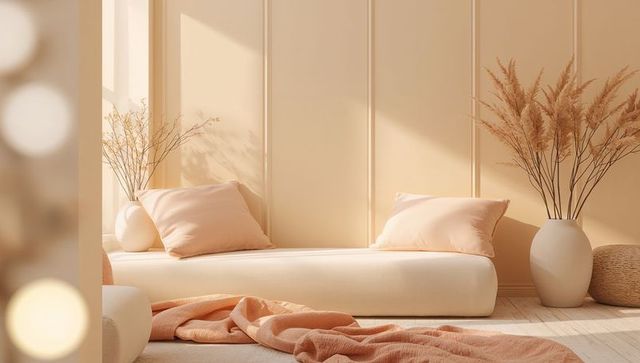 Sunlit minimalist scandinavian daybed with peach pillows and pampas grass