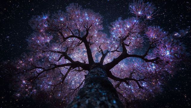 Luminescent tree reaching into starry nebula canopy at night