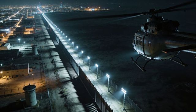 Night patrol helicopter over illuminated border wall and watchtowers, aerial security