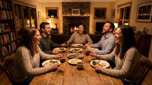 Friends laughing and sharing cozy home-cooked dinner with wine by fireplace
