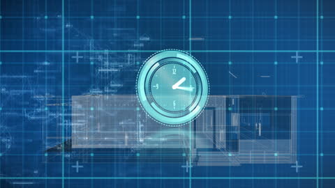 Digital Animation of Clock and House Blueprints with Data Overlay
