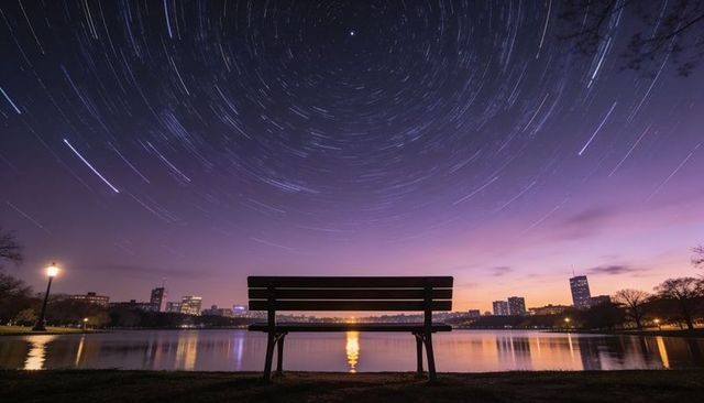 Silhouetted park bench at lakeshore with city skyline and circular star trails at twilight