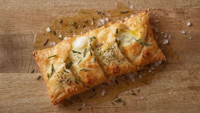 Golden puff pastry tart oozing melted cheese with thyme and sea salt on wooden board