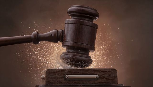 Wooden gavel striking sounding block creating dust and golden sparkle rimlight