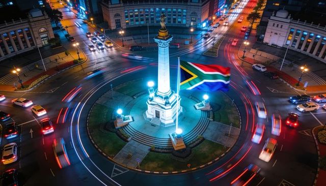 Nighttime monument roundabout with south african flag and vibrant urban light trails