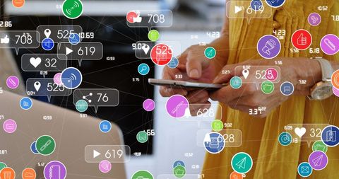 Digital Icons Network Around Woman Using Smartphone