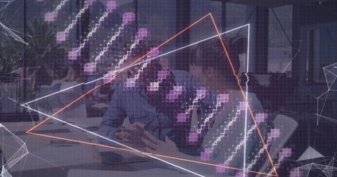 Teamwork and innovation in modern office with data visualization overlay