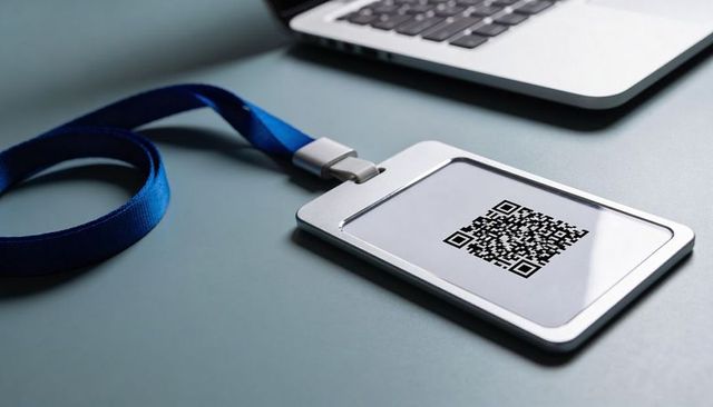 Minimal metal id badge with qr code and blue lanyard beside laptop for contactless access