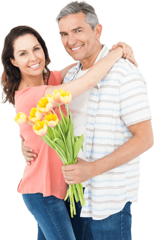 Happy Couple Embracing with Tulip Bouquet
