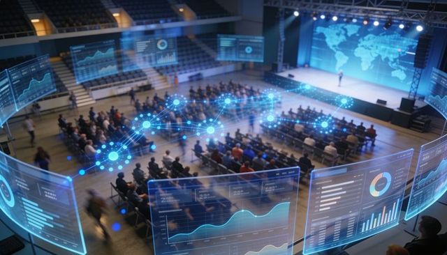 Corporate conference with ar and ai data overlays, audience watching speaker on stage