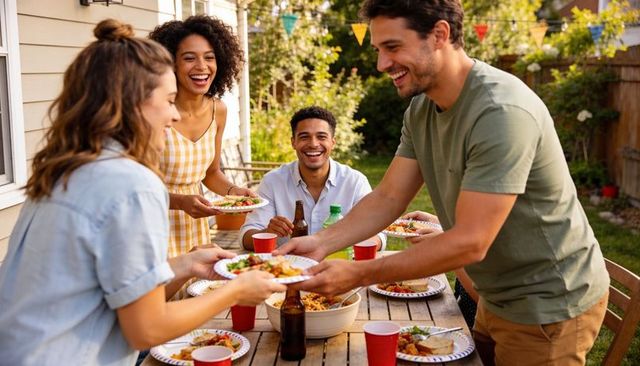 Friends passing plates at backyard summer dinner party with bunting and outdoor dining