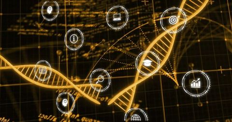 Glowing dna helix with innovative icons and data visualization
