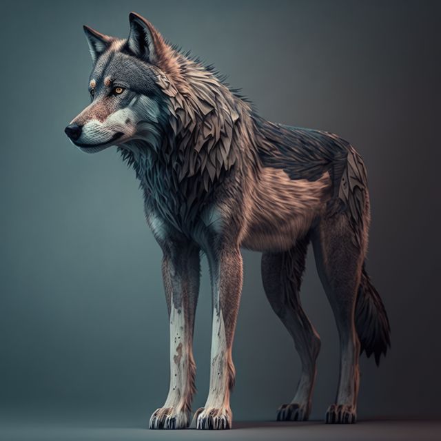Portrait of wolf on grey background, created using generative ai technology. Wildlife, wild animal and nature concept digitally generated image.