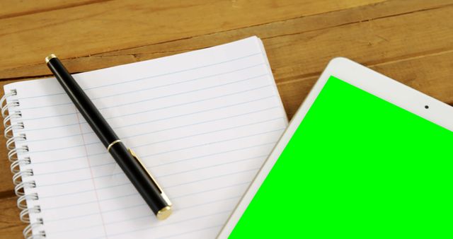 A pen rests on a spiral notebook next to a tablet with a green screen, with copy space. Ideal for showcasing note-taking or digital technology concepts, the image blends traditional writing with modern devices.