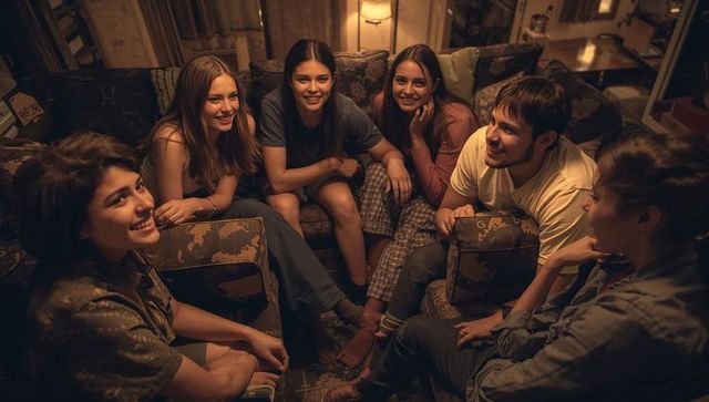 Six friends gathering in cozy living room chatting in loungewear around soft lamp light
