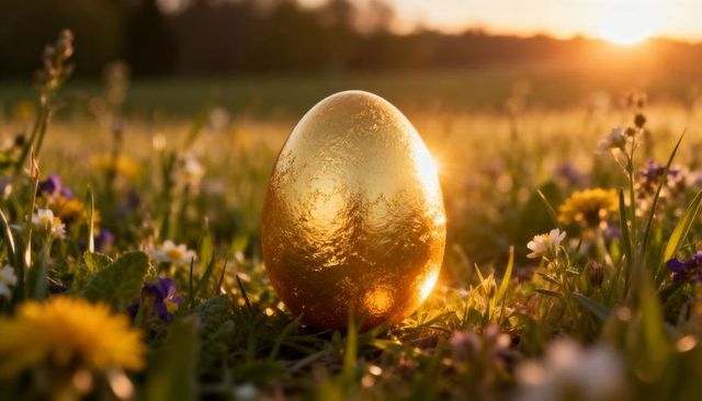 Gleaming golden egg resting in wildflower meadow at sunset with warm backlight and soft bokeh glow