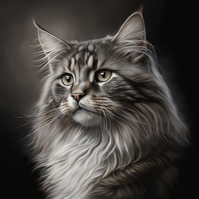 Depicts a close-up of a Maine Coon cat with detailed, fluffy grey fur and focused eyes, creating an almost regal aura suitable for use in pet care advertising, animal-themed articles, or as decorative imagery in veterinary clinics.