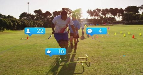 African American Athlete Training Outdoors with Social Media Engagement Icons