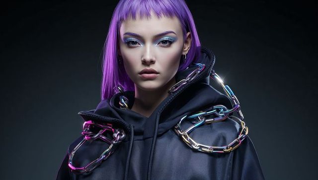 Edgy purple-haired model posing with iridescent chains and black hoodie, futuristic