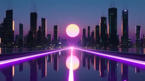 Futuristic Neon Cityscape with Reflective River at Vibrant Dusk