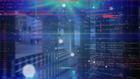 Futuristic Digital Data Processing Overlay on Cityscape