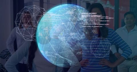 Business Team Collaborating with Holographic Globe and Augmented Reality Data Visualization