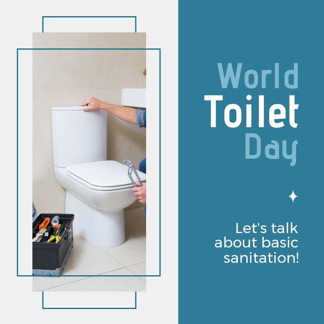 Square image of world toilet day and sanitation text, with hands of plumber working on toilet - Download Free Stock Videos Pikwizard.com