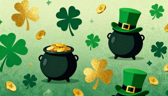 St patrick's day celebration pattern with pots of gold, leprechaun hats, glitter shamrocks