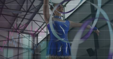 Teenage rhythmic gymnast performing hoops and ribbon routine in gym with overlaid performance graphs