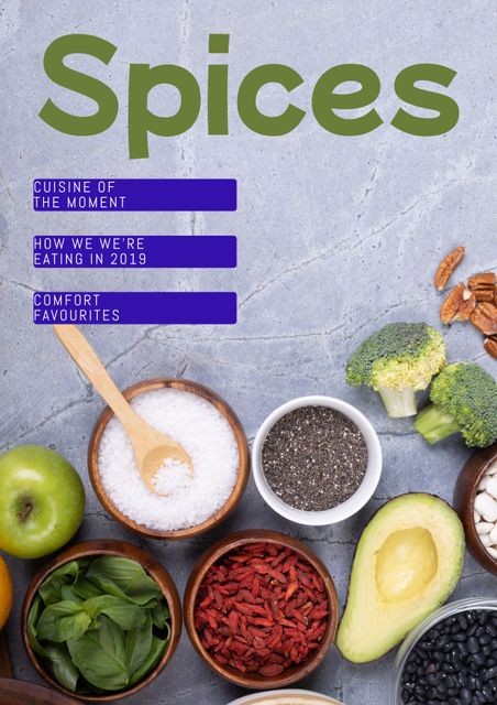 Stock photo featuring diverse spices and fresh produce against a concrete background. Ideal for promoting healthy eating, nutrition, and culinary themes. Perfect for use in food blogs, health websites, recipe books, and promotional materials related to diet and well-being.