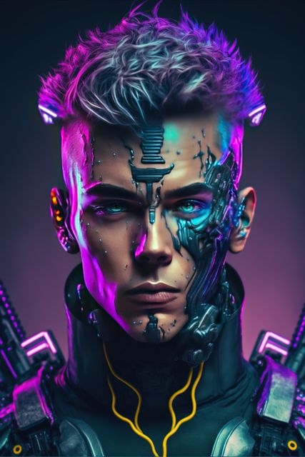 Depicting a futuristic cyborg character with glowing neon accents, blending human and robotic features. Useful for illustrating advanced technology concepts, sci-fi themes, and cyberpunk aesthetics. Ideal for digital art, tech magazine covers, or science fiction content.