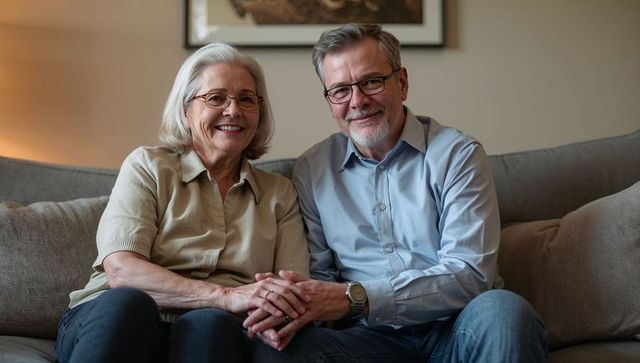 Smiling senior couple holding hands on gray sofa in cozy living room showing warmth