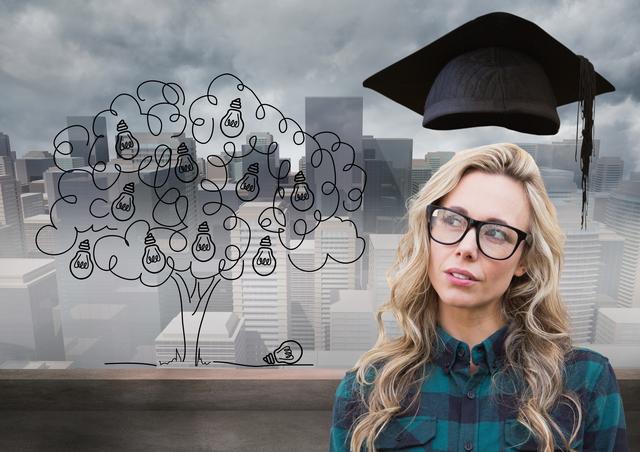 This image depicts a young woman in glasses and a plaid shirt, looking thoughtful with a graduation cap above her head and a tree filled with light bulbs representing ideas in the background. The cityscape adds an urban context, suggesting themes of education, creativity, and future planning. Ideal for use in educational materials, career planning resources, or inspirational content related to academic achievement and innovation.