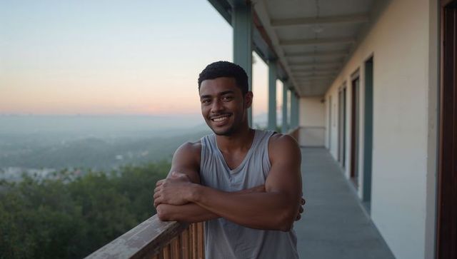 Smiling athletic man leaning on balcony at sunset overlooking valley corridor and railing
