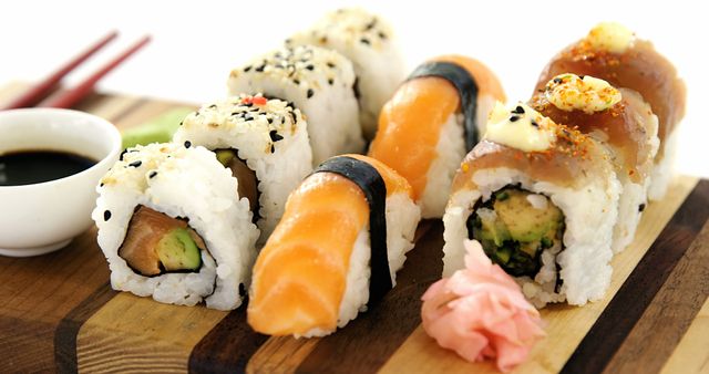 Assorted Sushi Rolls and Nigiri on Wooden Serving Board - Download Free Stock Images Pikwizard.com