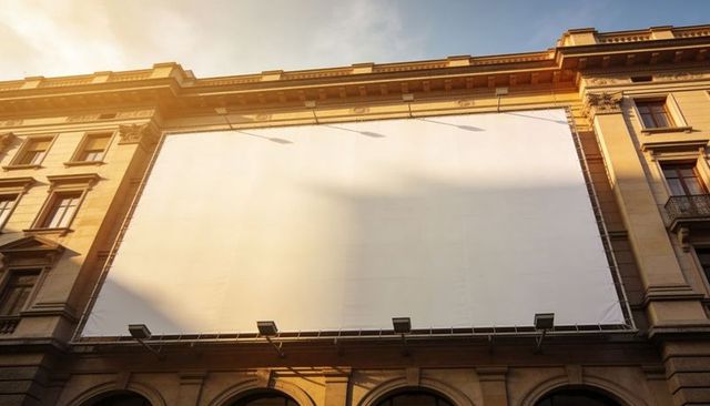 Blank urban billboard mounted on historic building at golden hour for advertising mockups