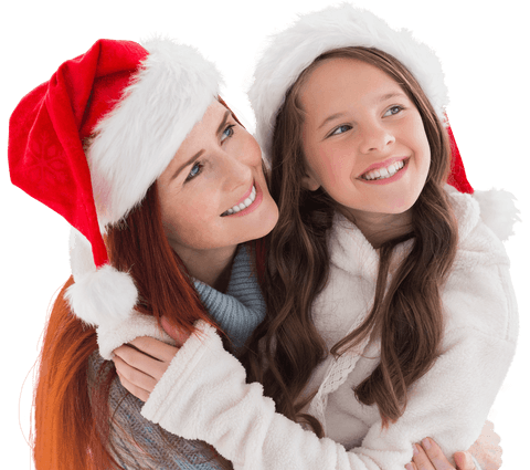 Happy Mother and Daughter Celebrating Christmas in Santa Hats