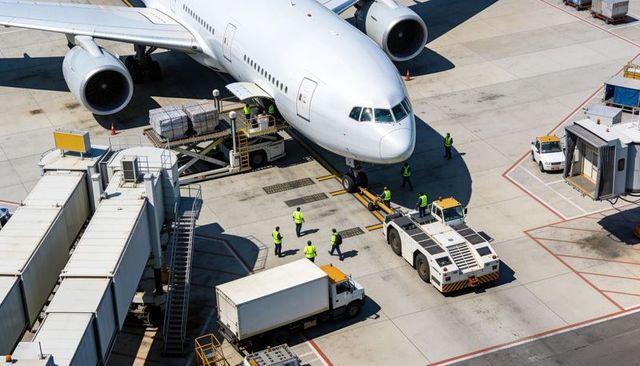 Ground crew directing widebody aircraft pushback and cargo loading at busy airport gate
