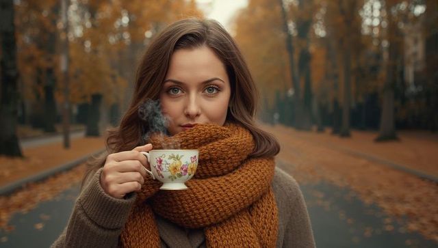 Woman Enjoying Hot Drink in Autumn Park with Fallen Leaves