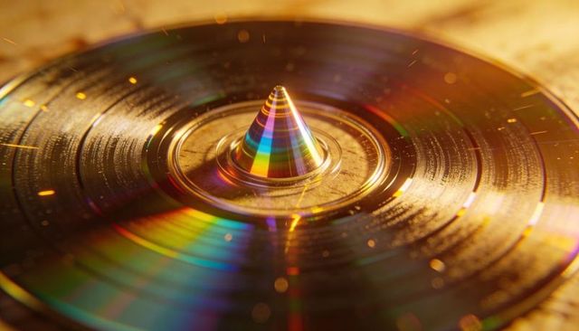 Shimmering vinyl record catching rainbow light with metallic cone macro warm bokeh