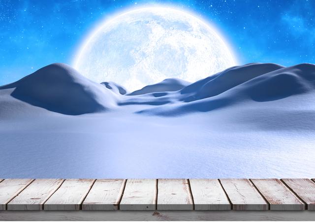 Snow-covered landscape viewed at night with a prominent full moon casting a serene glow. The foreground features empty wooden planks, likely a platform or deck, enhancing the view. Ideal for use in winter season promotions, outdoor winter event advertisements, or serene nature-themed projects depicting winter nights.