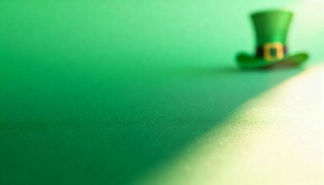 Green Leprechaun Hat Casting Long Shadow on Minimal Emerald Background with Copy Space