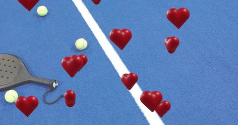 Floating red 3d hearts across vibrant blue tennis court with black paddle and yellow balls
