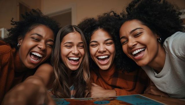 Laughing young women enjoying board game night at home, cozy living room fun and bonding