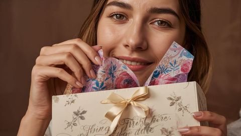 Smiling young woman unwrapping elegant cream gift box with satin bow and floral tissue